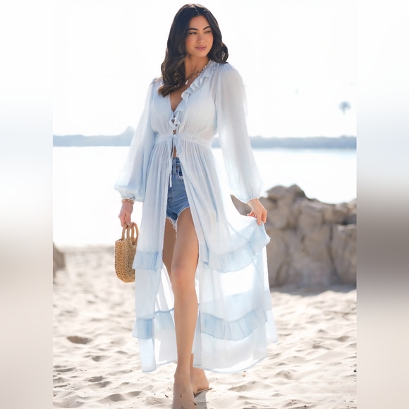 Main Strip Other - B4 NWT Main Strip Ling Sleeve Open Front Ruffled Tiered Kimono Blue Sm Md Lg